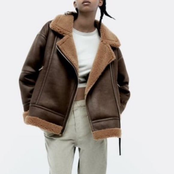 Zara Fur Lined Brown Faux Leather Oversized Moto Jacket Medium Like New - Picture 1 of 7